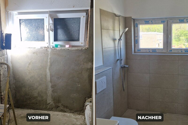 Bad vorher und nachher: Rohbau mit Mauerwerk links, fertiges Bad mit Dusche und Wand-WC in Sandtönen rechts