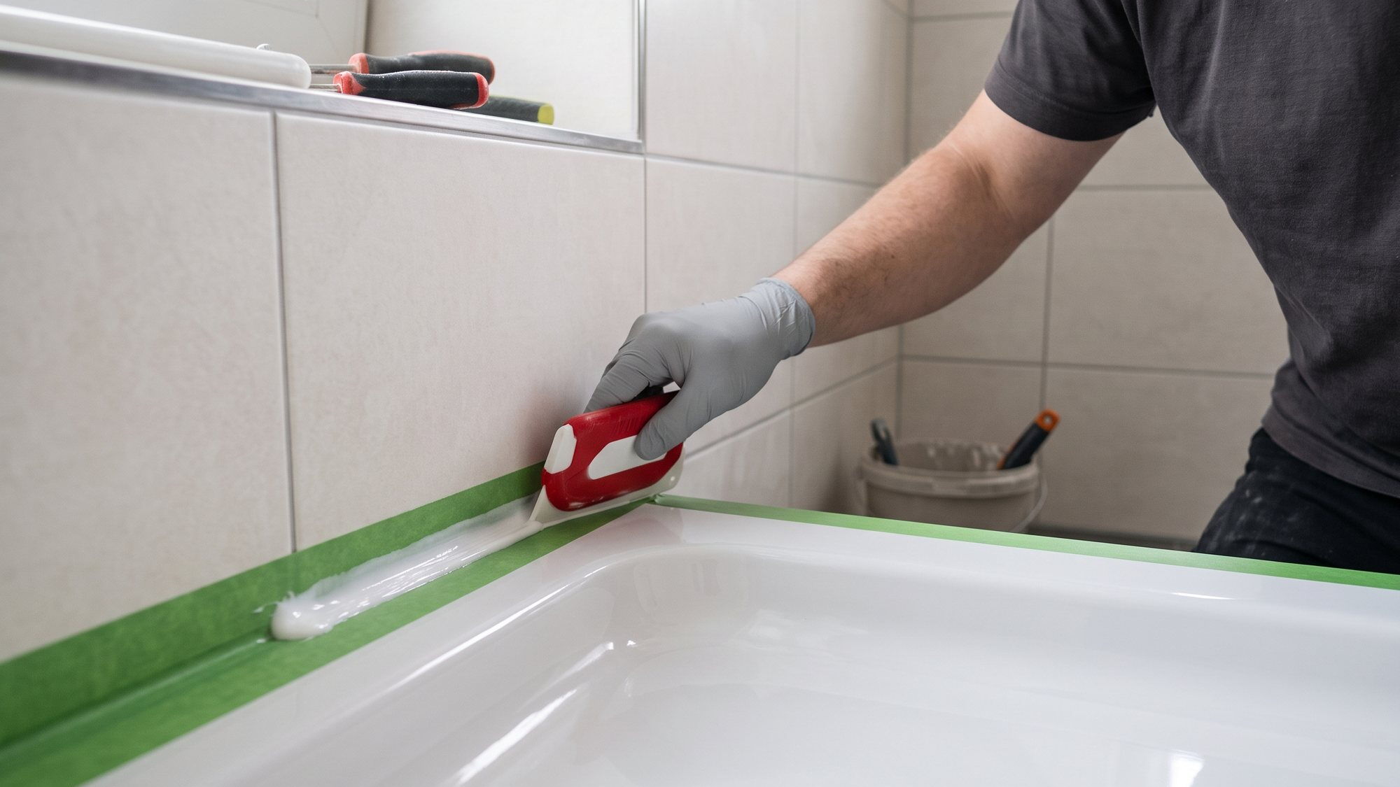 Neue Silikonfuge zwischen Duschwanne und Wandfliesen wird glattgezogen