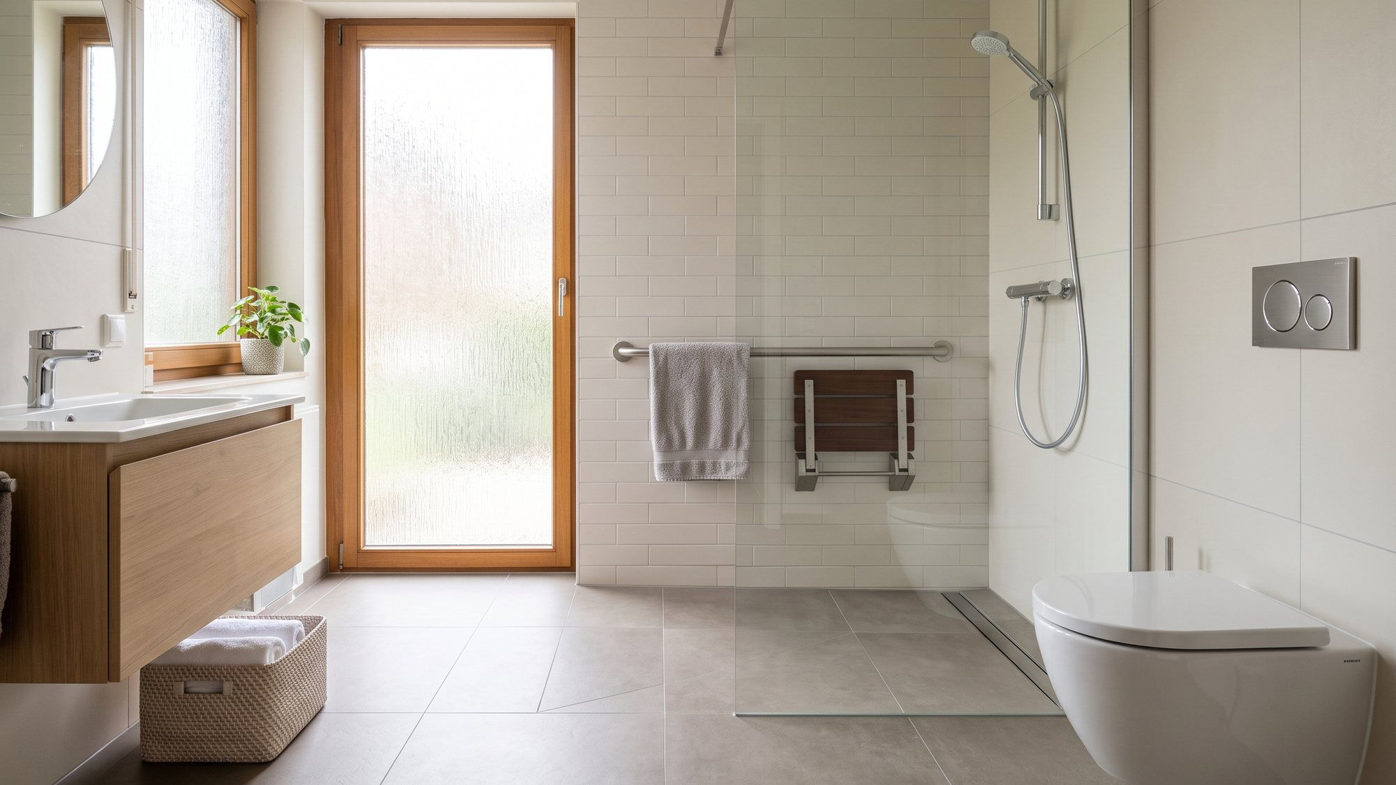 Barrierefreies Bad mit bodengleicher Dusche, Duschklappsitz und Haltegriff