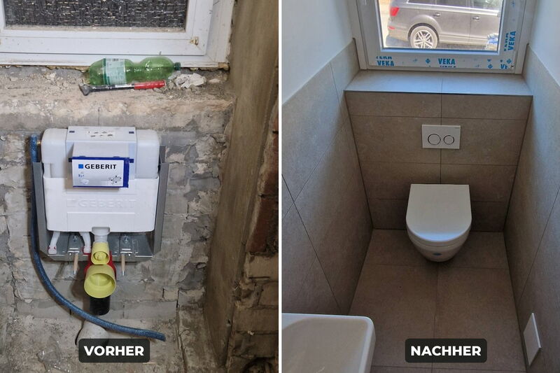 Gäste-WC vorher und nachher: Rohbau mit Vorwandelement links, fertiger Raum mit Wand-WC rechts