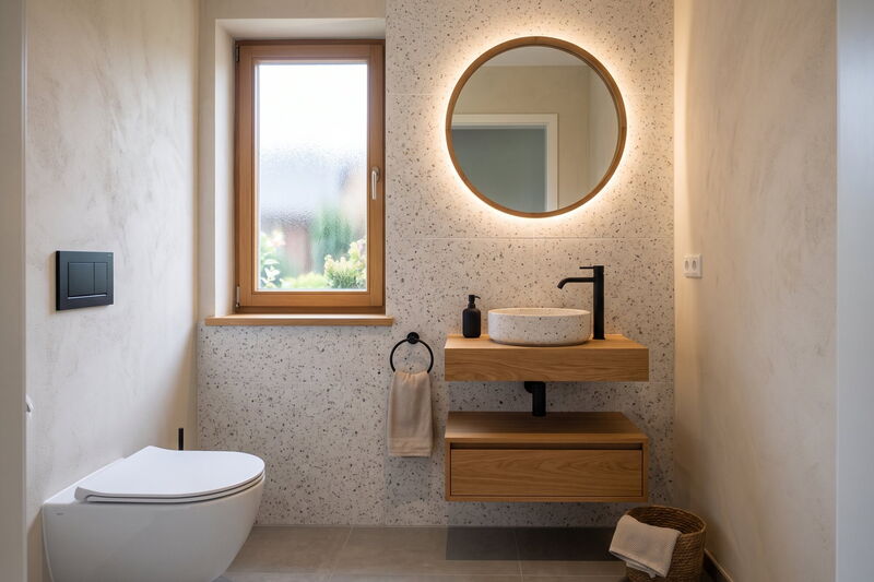 Gäste-WC mit Wand in Terrazzo-Optik und kleinem Steinwaschbecken