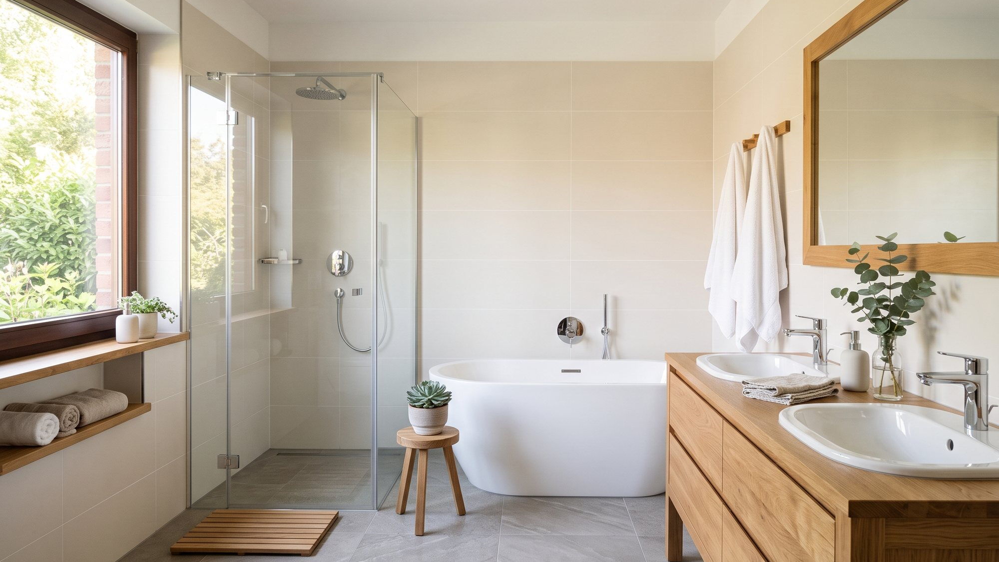 Helles Familienbad mit freistehender Wanne, Glasdusche und Doppelwaschtisch
