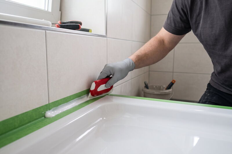 Neue Silikonfuge zwischen Duschwanne und Wandfliesen wird glattgezogen