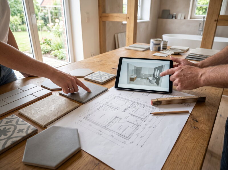 Badplanung am Tisch mit Fliesenmustern, Grundriss und Tablet