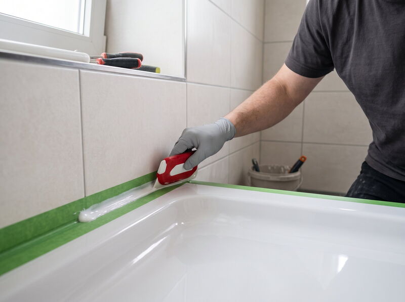 Neue Silikonfuge zwischen Duschwanne und Wandfliesen wird glattgezogen