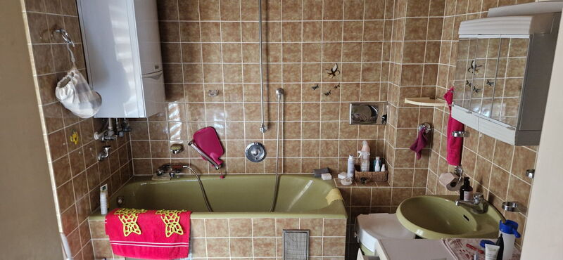 Vorher: altes Bad mit braunen Wandfliesen, grüner Badewanne und grünem Waschbecken