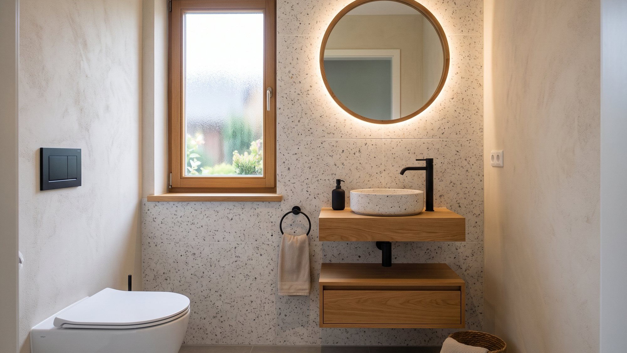 Gäste-WC mit Wand in Terrazzo-Optik und kleinem Steinwaschbecken