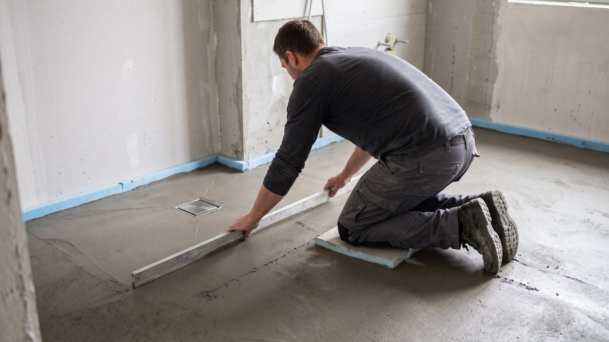 Handwerker zieht Gefälleestrich für eine bodengleiche Dusche ab