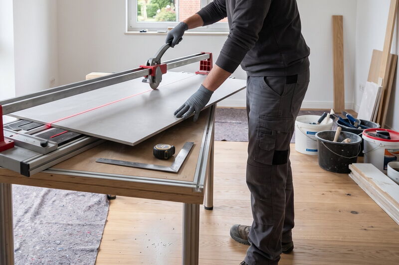 Großformatige Fliese wird auf dem Schneidetisch exakt zugeschnitten