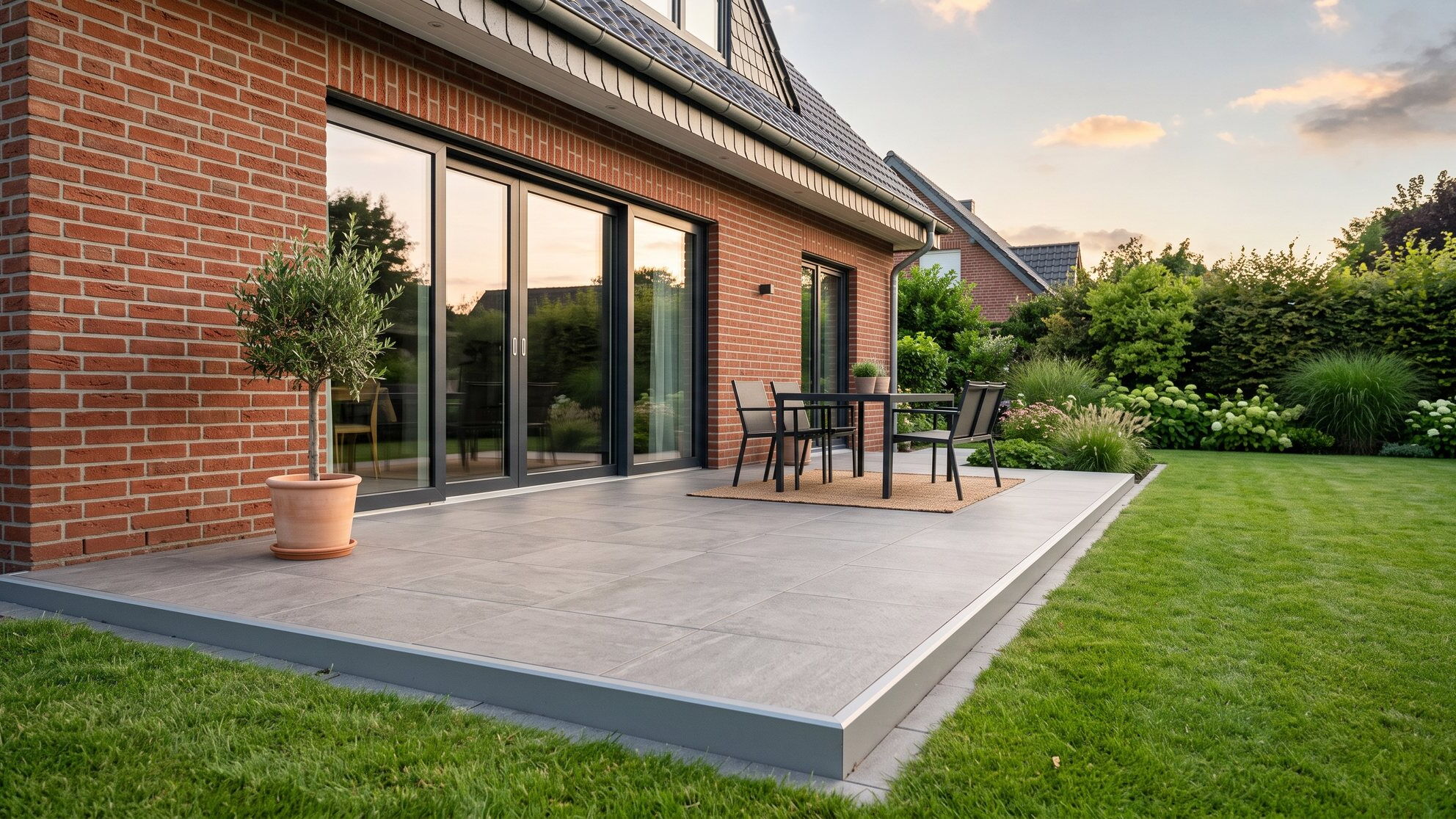 Terrasse mit Keramikplatten vor einem Klinkerhaus im Münsterland