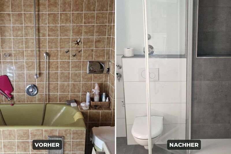 Badsanierung vorher und nachher: altes Bad mit grüner Wanne links, neues Duschbad mit weißen Großformatfliesen rechts