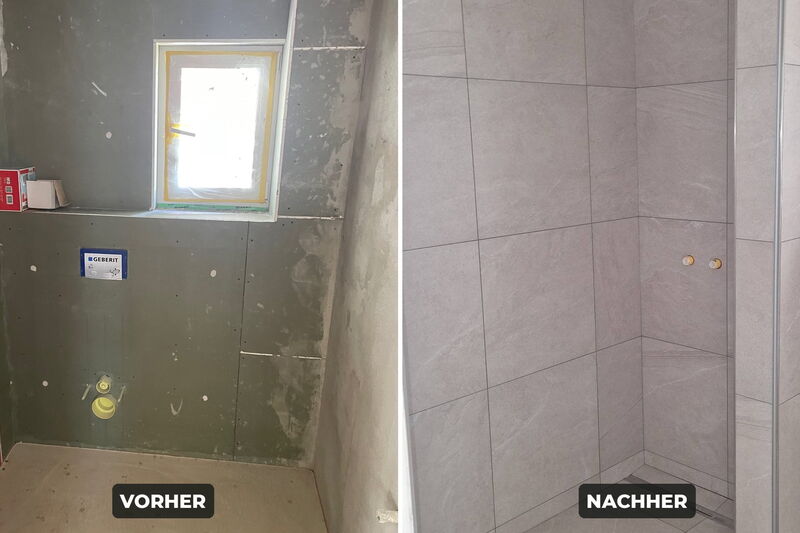 Gästebad vorher und nachher: Trockenbau links, fertig geflieste bodengleiche Dusche rechts