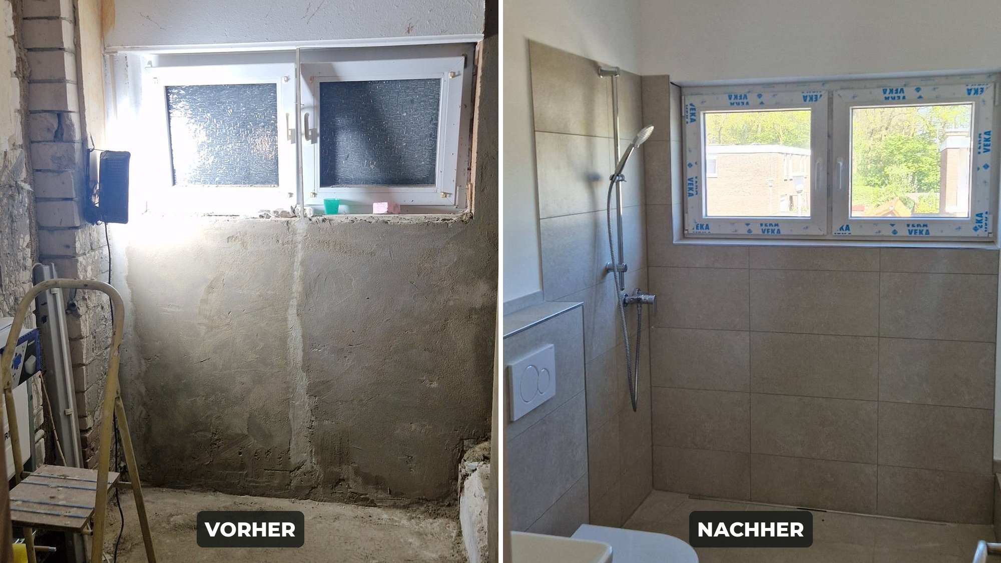 Bad vorher und nachher: Rohbau mit Mauerwerk links, fertiges Bad mit Dusche und Wand-WC in Sandtönen rechts