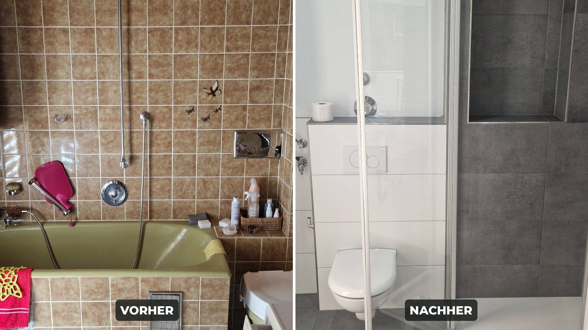Badsanierung vorher und nachher: altes Bad mit grüner Wanne links, neues Duschbad mit weißen Großformatfliesen rechts