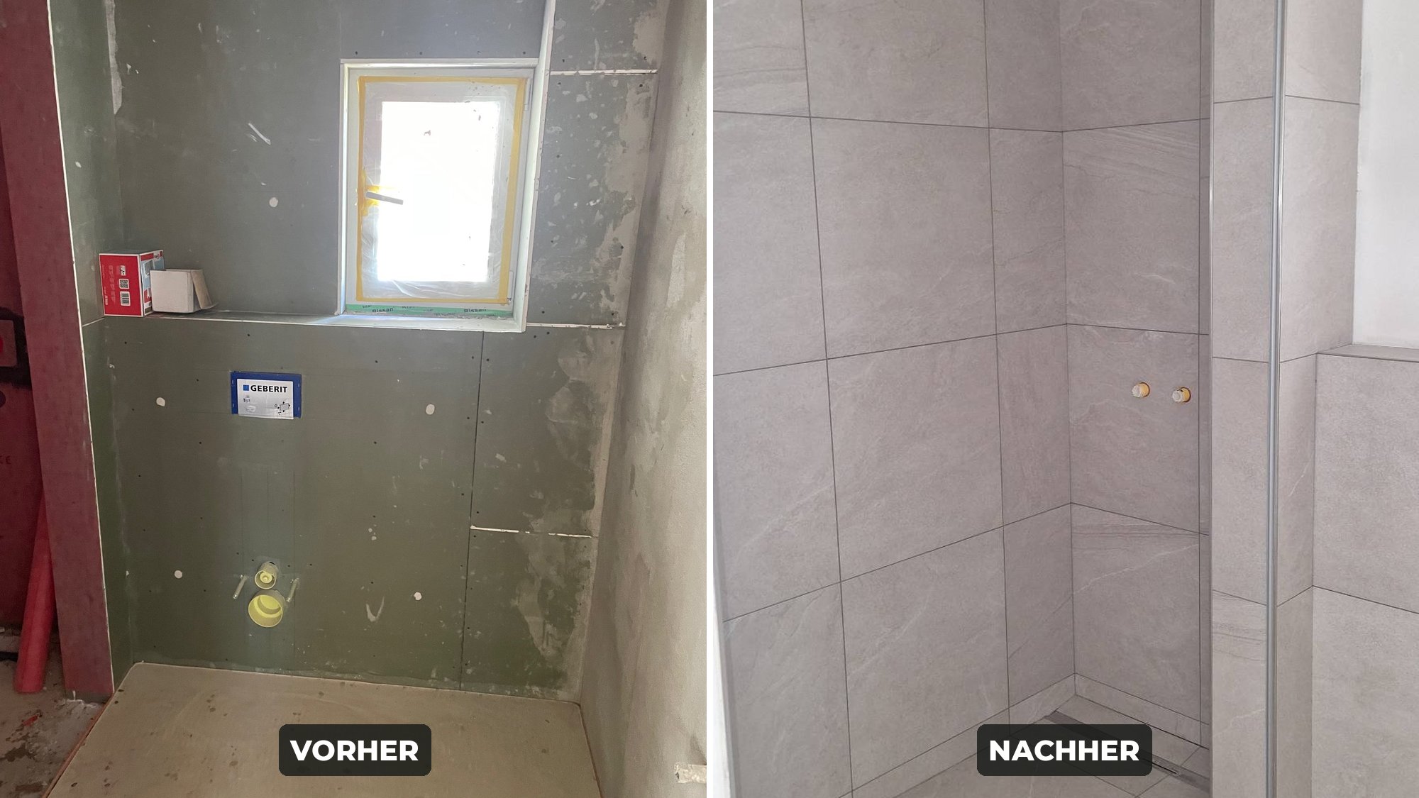 Gästebad vorher und nachher: Trockenbau links, fertig geflieste bodengleiche Dusche rechts
